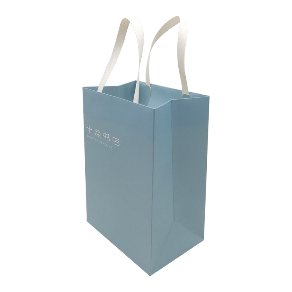 Ivory Paper Material Blue Printing Package Bag With Plastic Handle Ivory Paper Material Blue Printing Package Bag With Plastic Handle